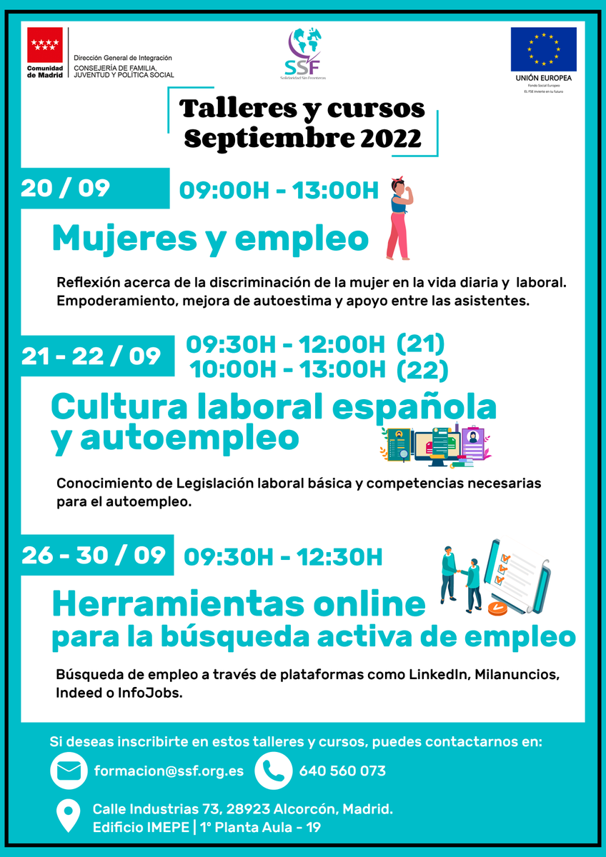 SSF_info's tweet photo. 🔵​ ¡Volvemos con nuestros #talleres y #cursos en septiembre!

✅ Inscríbete mandando un email a formacion@ssf.org.es o contactándonos al +34 640 56 00 73. https://t.co/DZpC8jVzfV