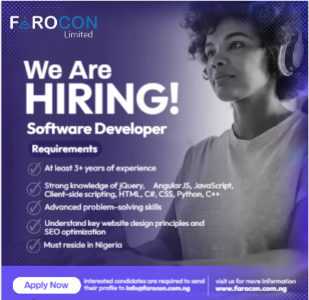 FaroconNg's tweet photo. We are Hiring a Software Developer

#Farocon #technology #itsolutions #smartliving https://t.co/TLxZ65IHs2