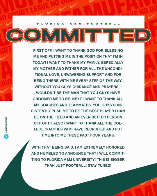 Committed 🧡💚 <a href="/HCWillieSimmons/">Coach Willie Simmons</a> <a href="/Coach2Bless/">Devin Rispress</a> <a href="/CoachOMcKinley/">Coach O</a> <a href="/CoachColzie/">James Colzie III</a> <a href="/CoachM_Windham/">Marcus Windham</a> @Coach_M0rgan <a href="/KyndalPerry1/">KP</a>