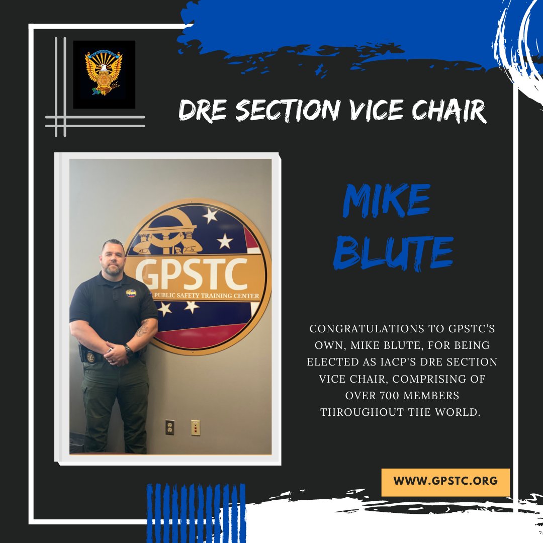 GPSTC's tweet photo. Please join us in congratulating one of our own, Mike Blute. He has been elected as the IACP's DRE Section Vice Chair. This organization is recognized throughout the world and is comprised of 700 members. Great Job Mike Blute! #GPSTC #GPA #DRE https://t.co/Y6nPgJ5SSZ