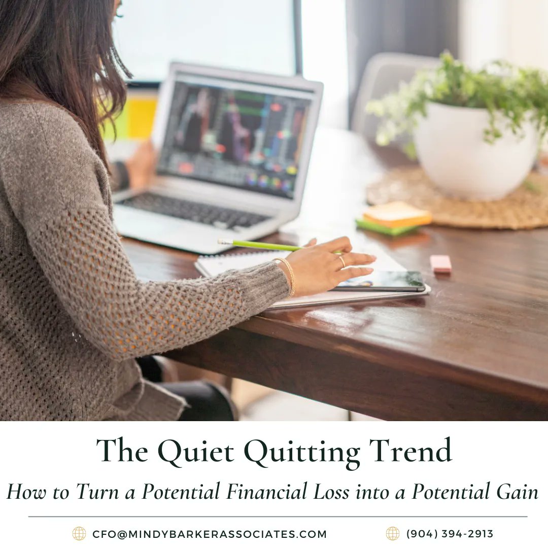 MindyCFO's tweet photo. New this week - "The Quiet Quitting Trend - How to Turn a Potential Financial Loss into a Potential Gain. Would love to know your thoughts on this topic as well! #quietquitting https://t.co/o6BVBou0ch