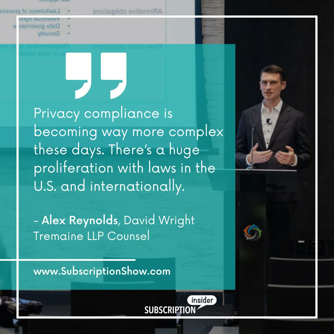 KGSexton's tweet image. Do you hear the term "privacy compliance" and clam up? While there's a lot to track, #SubShow speaker Alex Reynolds breaks down how businesses can navigate this challenging landscape: buff.ly/3JfnqN1

Attend #SubShow22 and prepare for what's next: buff.ly/3PSekry