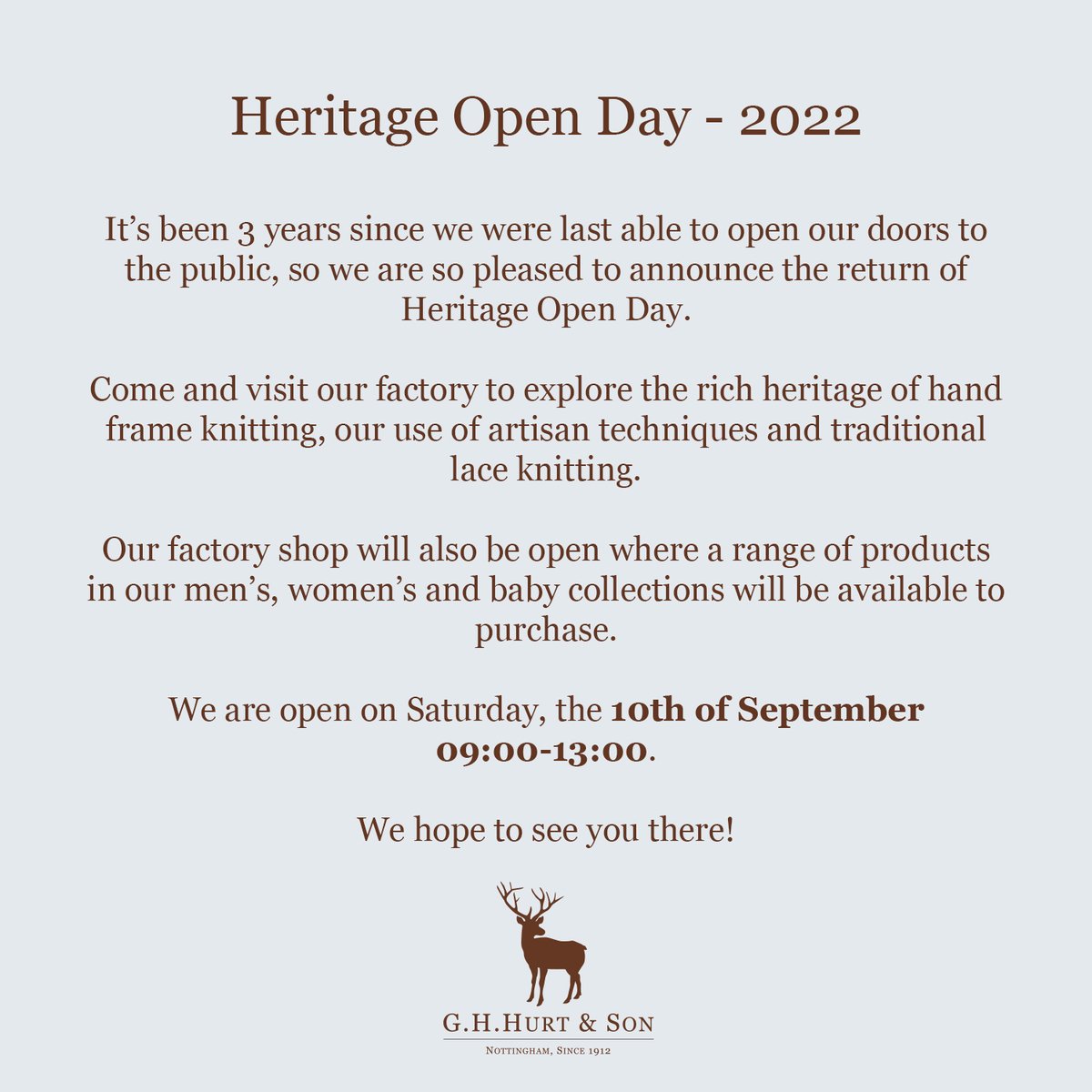 g_h_hurt's tweet photo. We're opening! On the 10th of September we'll be opening our doors and invite you to come along!
.
#ghhurt #ghhurtandson #nottingham #openday #heritageopenday #handframeknitting https://t.co/4I7Y2oND88