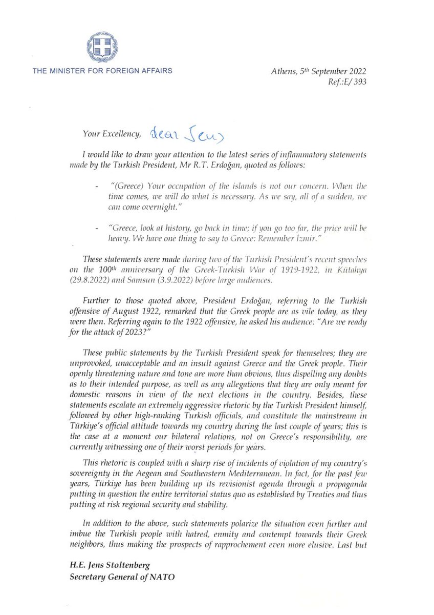 Antonia_Dimou's tweet photo. Greece internationalizes Turkey's aggressive rhetoric and revisionist agenda via official letters sent to #NATO, the #UN and High Representative of the #EU for Foreign Affairs &amp; Security Policy. As highlighted by @NikosDendias, Greece advocates for dialogue to resolve any dispute https://t.co/SdY2tRacmW
