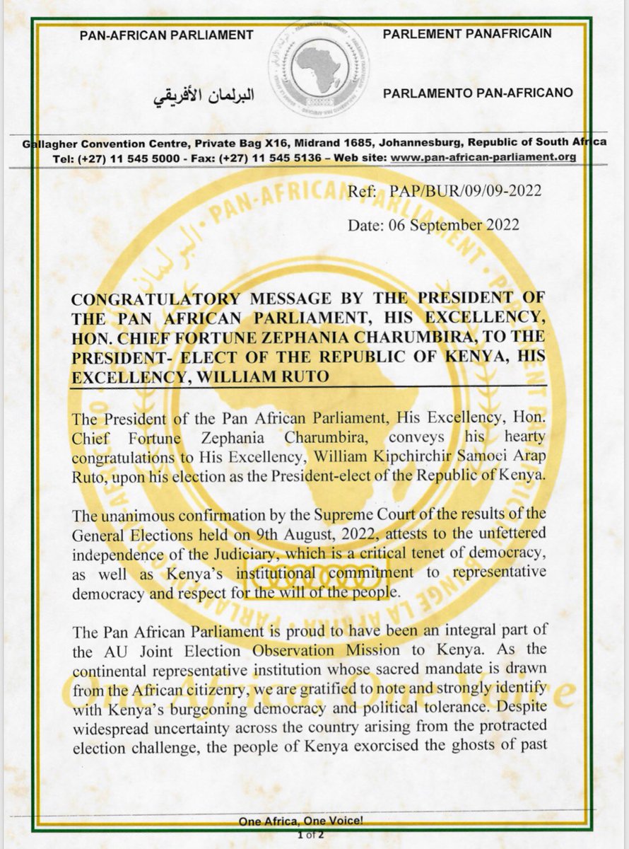 ParlyBuzz's tweet photo. President of the Pan African Parliament, H.E Chief Fortune Charumbira congratulates H.E William Ruto on his victory to become the President of #Kenya 
#PAPUpdates 
#PanAfricanParliament https://t.co/97uqTGIAHm