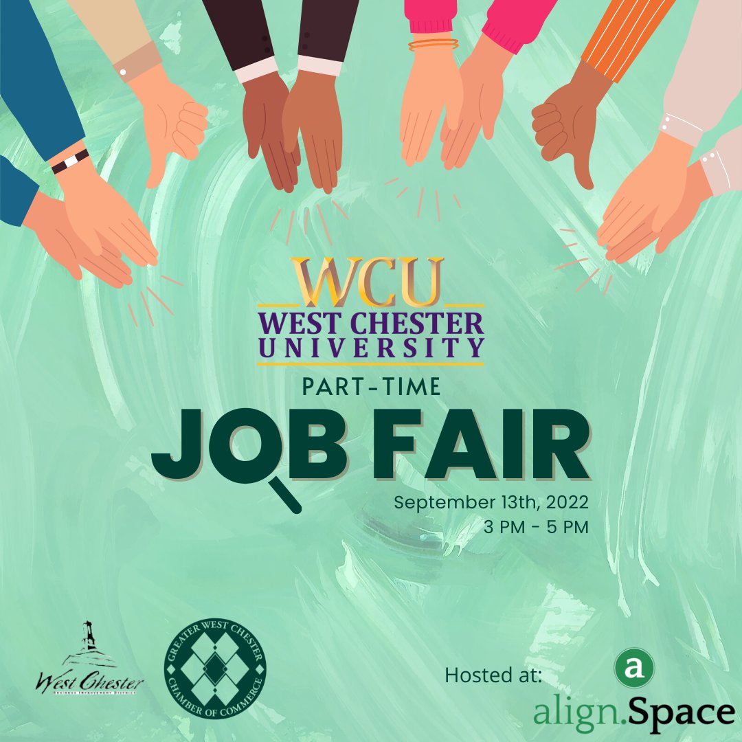 GWCC_PA's tweet photo. Join us for a kick-off event for our Part-Time Job Fair in partnership with @WCUofPA, hosted at @alignspace
Check out more info here: https://t.co/E8sShpleNQ
#jobfair #wcustudent #WCU https://t.co/bkrN24VcJH