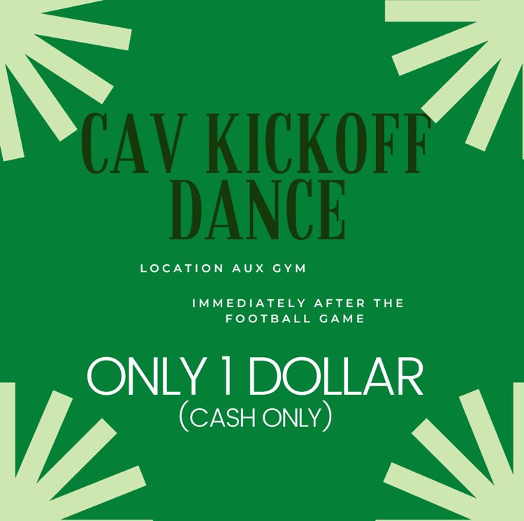 Cav Kickoff Dance this Friday 9/9! Only $1 from 9:15-11:00pm‼️ Go Cavs!❤️💙