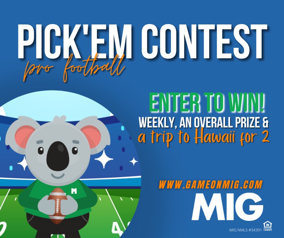 Join the friendly competition and play in our Pro Football Pick'Em Contest! Just make your picks each week for chances to win local weekly prizes, an overall prize and a national prize (A trip for TWO to Hawaii)!! Sign up and make your picks at gameonmig.com