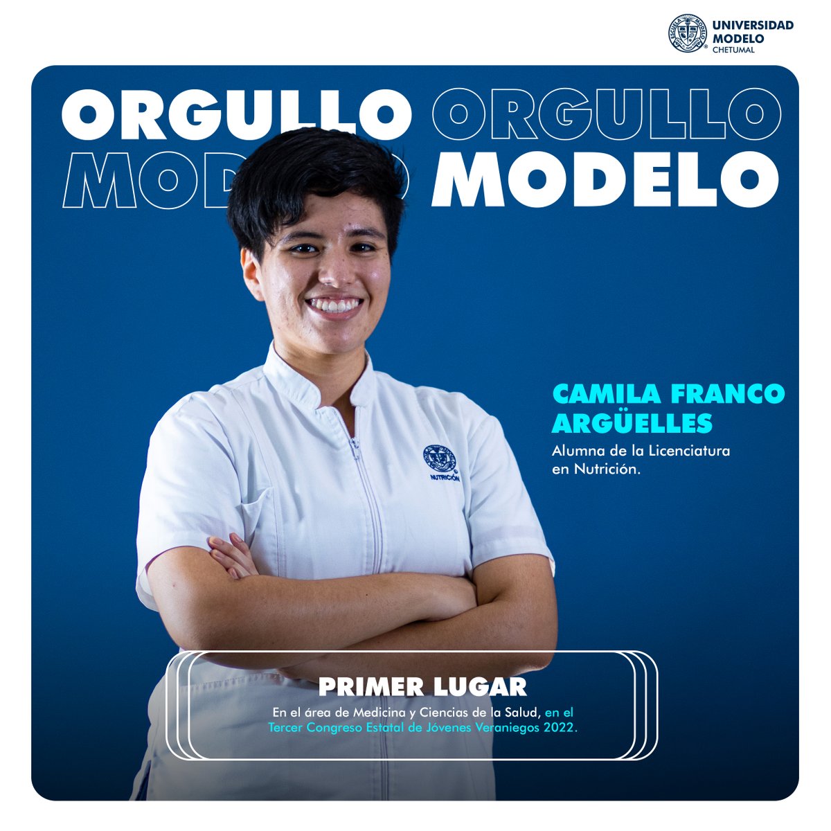 unimodelo_ch's tweet photo. Muchas felicidades a Camila Franco Argüelles, alumna de 7º semestre de la Licenciatura en #Nutrición, por haber ganado el 1º lugar en el área de Medicina y Ciencias de la Salud, en el Tercer Congreso Estatal de Jóvenes Veraniegos 2022.💙🍏
¡Tu eres #OrgulloModelo!
#EligeModelo https://t.co/1jnoicRZBK