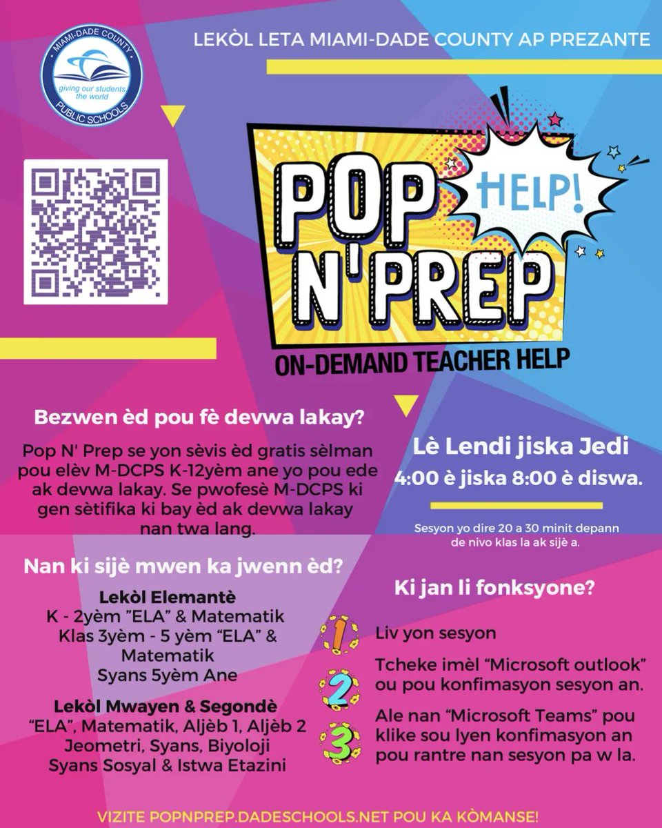 Miami-Dade Virtual School (@mdvirtualschool) on Twitter photo Need homework help? Pop N' Prep is available Monday - Thursday from 4:00pm - 8:00pm. Visit popnprep.dadeschools.net to get started and book an appointment. <a href="/MDCPS/">Miami-Dade Schools</a> Need homework help? Pop N' Prep is available Monday - Thursday from 4:00pm - 8:00pm. Visit popnprep.dadeschools.net to get started and book an appointment. <a href="/MDCPS/">Miami-Dade Schools</a>