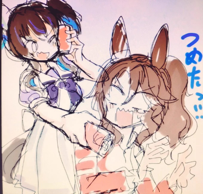 これはラフの時点で出既に鬼難易度(主に手のせい)となり心が折れかけている「缶ジュースをパーマーの首筋に当てるイタズラをするヘリオス」です。 