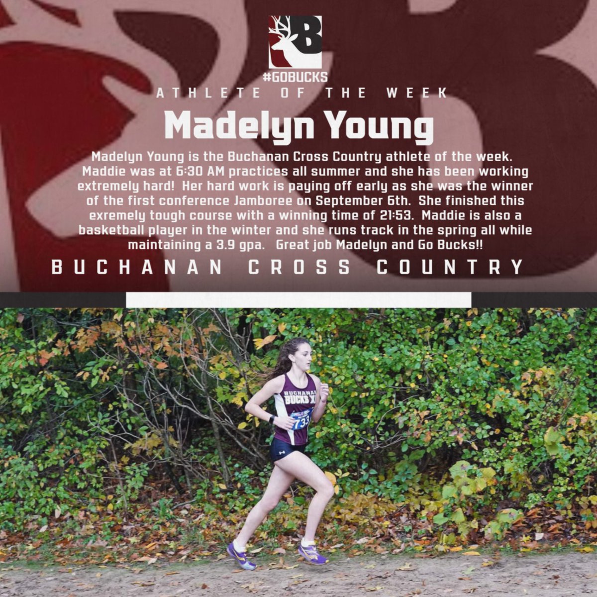 Congrats to our female athlete of the week Madelyn Young of the Women's Cross Country Team!