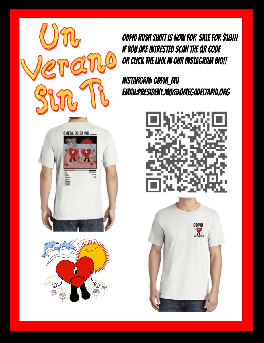 Inspired by Bad Bunny's "Un Verano Sin Ti", we're selling these shirts at just $18 with FREE SHIPPING! If you are interested click the link in our bio, scan the QR code, or email us at president.mu@omegadeltaphi.org
