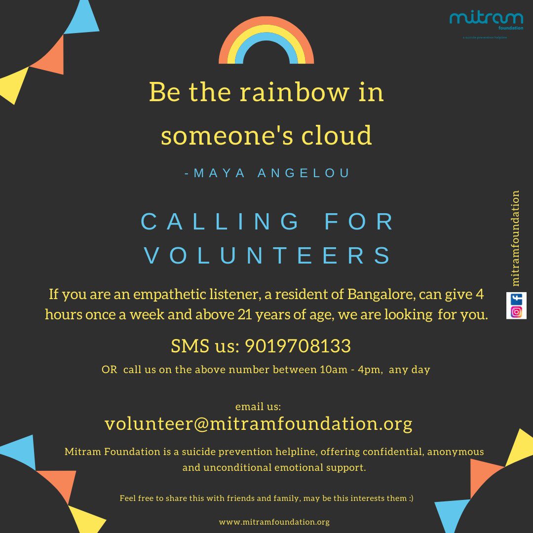Mitram Foundation (@mitramhelpline) on Twitter photo Do you wish to be there for someone going through distress but don't know how to help?
SMS 9019708133 / call between 10 am to 4 pm any day! OR email us at volunteer@mitramfoundation.org
#volunteer #help #bethere #mitram #helpline #suicideprevention #mentalhealthawareness #talk Do you wish to be there for someone going through distress but don't know how to help?
SMS 9019708133 / call between 10 am to 4 pm any day! OR email us at volunteer@mitramfoundation.org
#volunteer #help #bethere #mitram #helpline #suicideprevention #mentalhealthawareness #talk