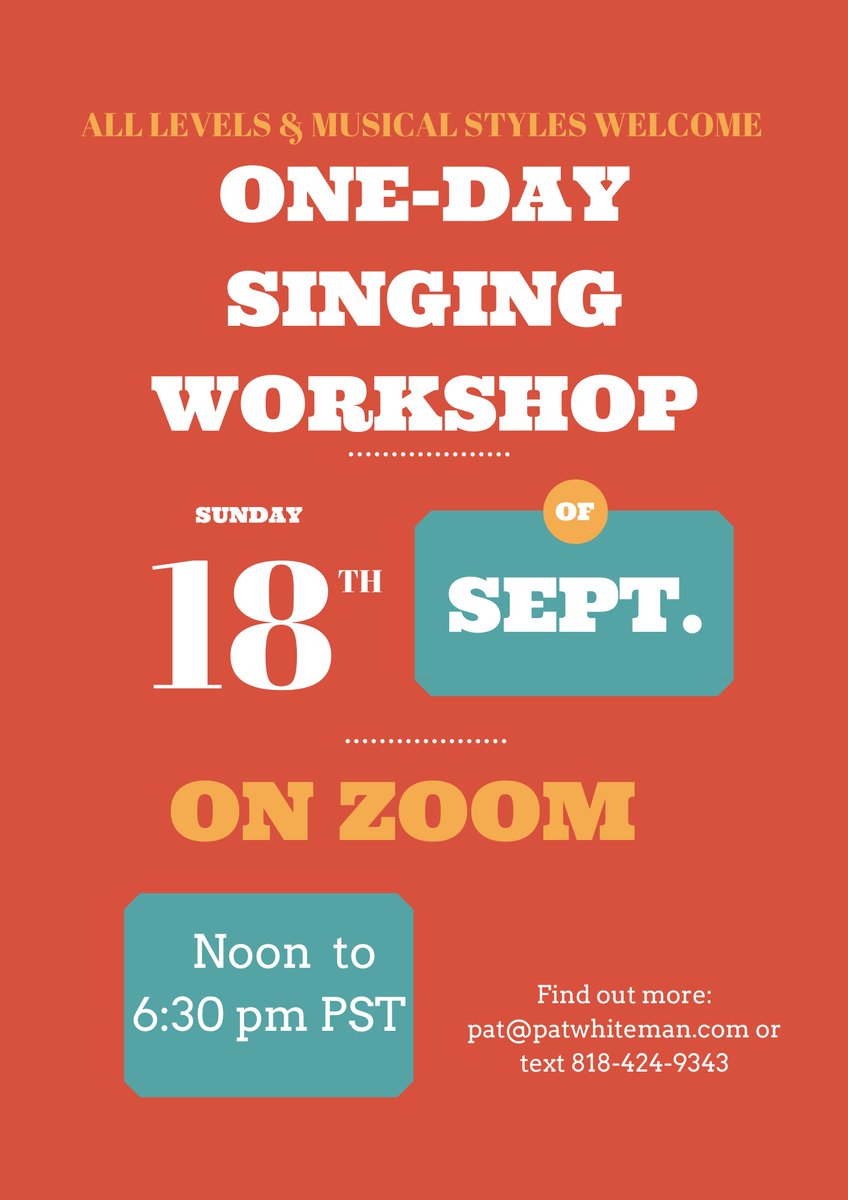 PatWhiteman's tweet image. SUNDAY, SEPTEMBER 18th on ZOOM!!
A one-day version of my popular Musical Performance Workshop - without the stress of the performance. We stay in the work and all ages, ability levels and TIME ZONES welcome! Work on ANY type of material for anything. Text 818-424-9343 for info.