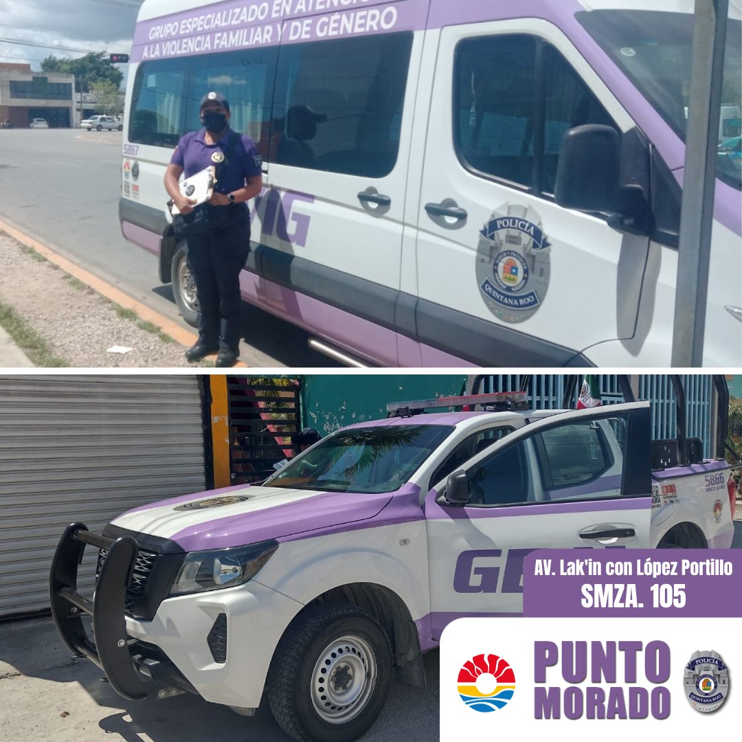 PoliciadeCancun's tweet photo. 🟣👮Oficiales del Grupo #GEAVIG brindan información a los ciudadanos en el módulo del #PuntoMorado.
En este momento se encuentran en la Av. Lak'in y José López Portillo en la SMZA. 105.
Estamos comprometidos con #ServiryProteger 🚓 https://t.co/ltgjMshKQF