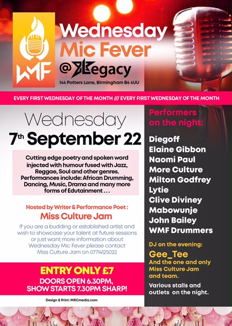 Wednesday Mic Fever is back again this evening!

Tonight at 7pm we welcome some of Birminghams very own to showcase their talents! 

Tickets just £7 and available on the door 

#wednesdaymicfever #wmf #legacycoe #thingstodoinbrum #openmic