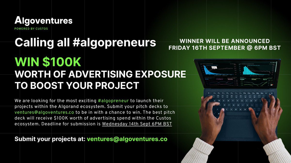 Reaching out to all #Algopreneur in #algofam It’s time for our monthly Venture Competition. To participate do the following:Follow <a href="/agerhanssen/">Christen Ager-Hanssen</a> @algo_ventures quote retweet tagging 3 algo friends and #Algopreneur and comment why you! Send a pitch deck to ventures@algoventures.co