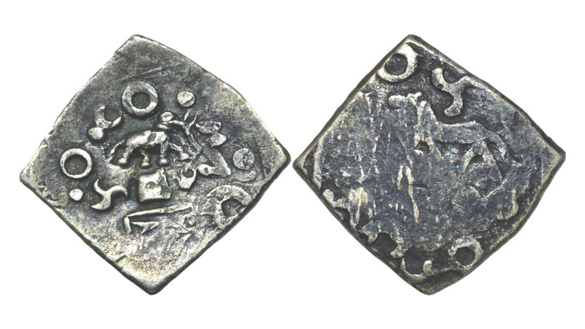 drkultar72's tweet photo. Indian Ancient Coins ; Saurashtra janapada, 
c. 450-300 BC, AR 1/4 karshapana,
Obverse: Elephant advancing right; ancillary symbols around, including taurine and triskeles,
Reverse: Horse prancing Left,
Weight:- 0.90gm, 
L*B:- 12*12mm,
Note:- Unlisted.
Very Fine and Scarce https://t.co/fY1h4c3lMH