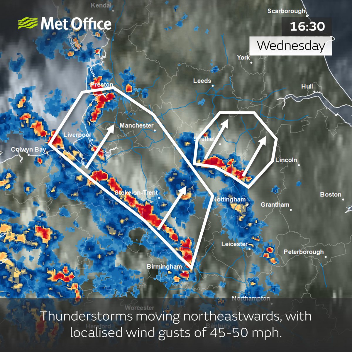 As #thunderstorms progress northeastwards in the coming hour or so across the areas highlighted, and then across the east Midlands, NW England and Yorkshire. 

In addition to heavy rainfall, some strong wind gusts are likely.

Stay #WeatherAware