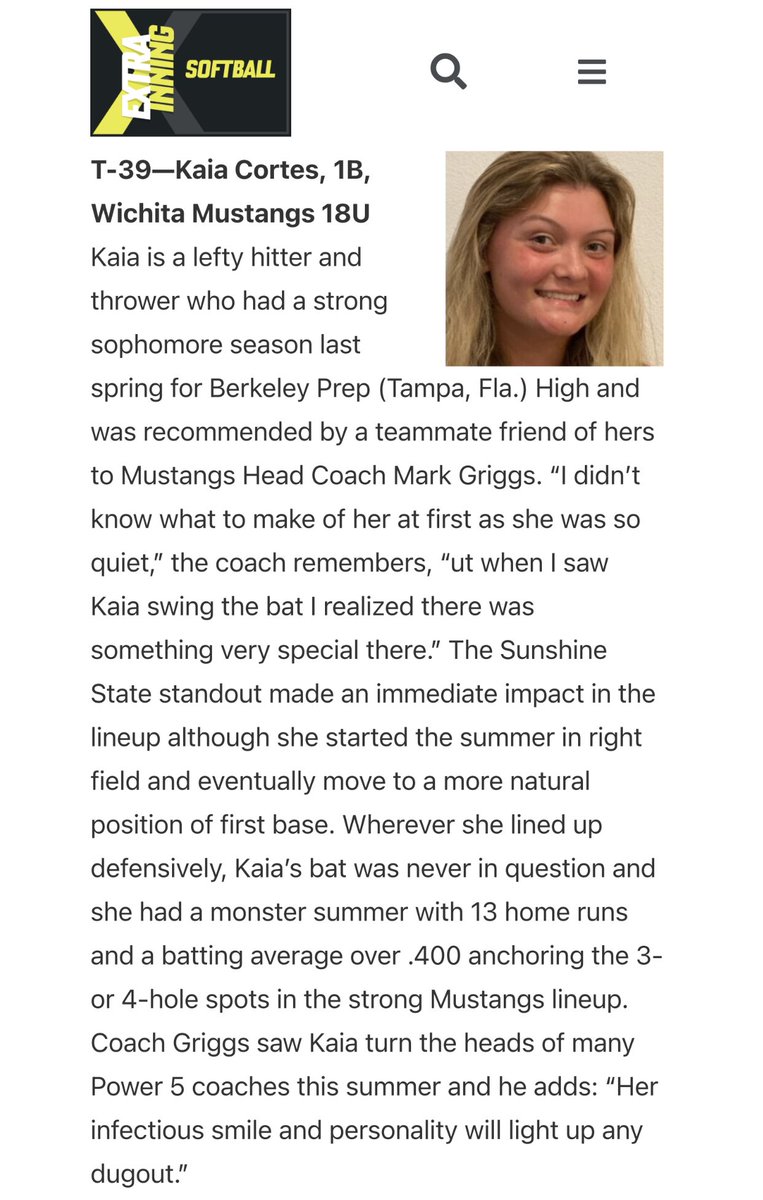 Kaia Cortes (@kaiacortes) on Twitter photo Thank you <a href="/ExtraInningSB/">EXTRA INNING SOFTBALL</a> for ranking me one of the top 40 players in the nation at #39! And thanks <a href="/WichitaMustangs/">Wichita Mustangs.</a> for the opportunity! <a href="/2Ganeff/">Kris Ganeff</a> @NDcoachGumpf <a href="/CoachBallMalone/">Cindy Ball-Malone</a> <a href="/J_Cottrill_/">Jeff Cottrill</a> <a href="/CoachLarissaA/">Larissa Anderson</a> <a href="/CoachBredbenner/">Kristi Bredbenner</a> <a href="/Coach_Ricketts/">Samantha Ricketts</a> <a href="/RitterPiper/">Piper Ritter</a> <a href="/Jamie_Trachsel/">Jamie Trachsel</a> <a href="/OSUcoachG/">Kenny Gajewski</a> Thank you <a href="/ExtraInningSB/">EXTRA INNING SOFTBALL</a> for ranking me one of the top 40 players in the nation at #39! And thanks <a href="/WichitaMustangs/">Wichita Mustangs.</a> for the opportunity! <a href="/2Ganeff/">Kris Ganeff</a> @NDcoachGumpf <a href="/CoachBallMalone/">Cindy Ball-Malone</a> <a href="/J_Cottrill_/">Jeff Cottrill</a> <a href="/CoachLarissaA/">Larissa Anderson</a> <a href="/CoachBredbenner/">Kristi Bredbenner</a> <a href="/Coach_Ricketts/">Samantha Ricketts</a> <a href="/RitterPiper/">Piper Ritter</a> <a href="/Jamie_Trachsel/">Jamie Trachsel</a> <a href="/OSUcoachG/">Kenny Gajewski</a>