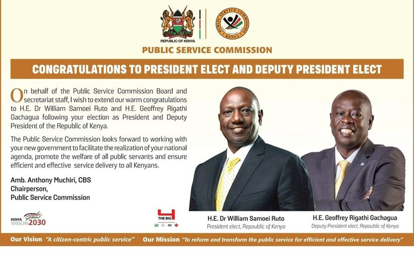 PSCKenya's tweet photo. Congratulations to President-Elect @WilliamsRuto and Deputy President-Elect @rigathi https://t.co/lcXlErfoar