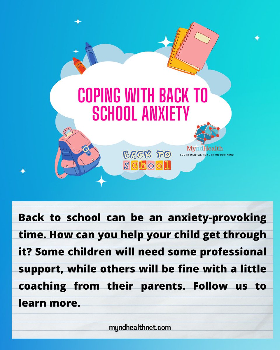 Mynd_Health's tweet photo. If your child needs more support than you can give them, consider getting some support from one of our Wellness Specialists at MyndHealth.

#myndhealthnet #backtoschool #teens #mentalsuppoetforteens #anxietymangement https://t.co/uOxQxMfzj5