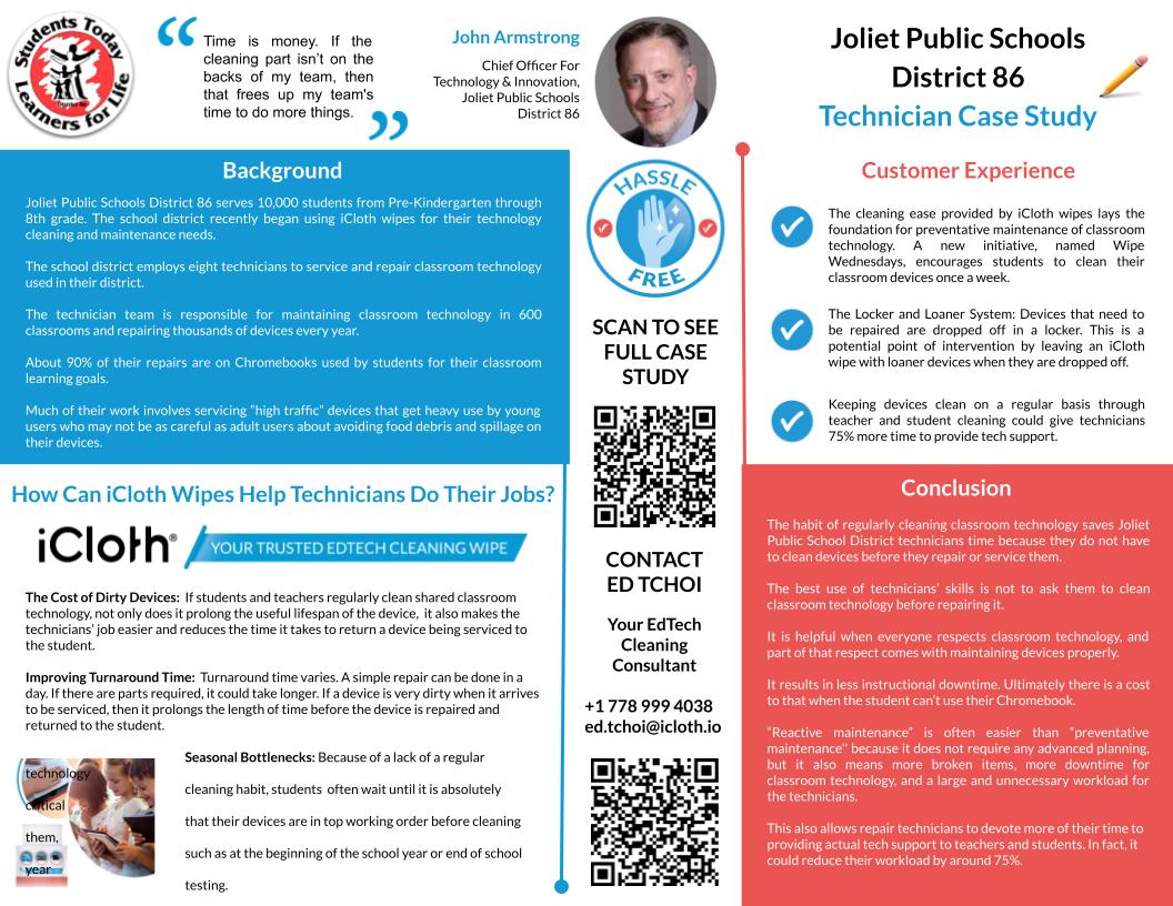TchoiEd's tweet photo. DYK the Wipe-IT-Wednesday initiative was originally created by the awesome Technicians @JolietSD86 ? Check out the Case Study to see how the Techs came up with this idea💡 #technology #edtech #edtechchat #Teachers #BackToSchool #icloth #cleaning #TechStuff https://t.co/dH4q60X59s