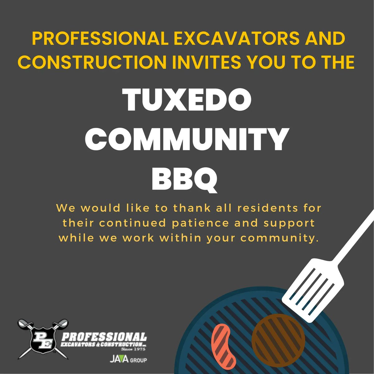 Professional Excavators and Construction would like to thank all residents for their continued patience with the construction taking place in Tuxedo Park. As a thank you, they would like to invite you to enjoy a lunch time BBQ!

RSVP: bit.ly/3TOa7bi