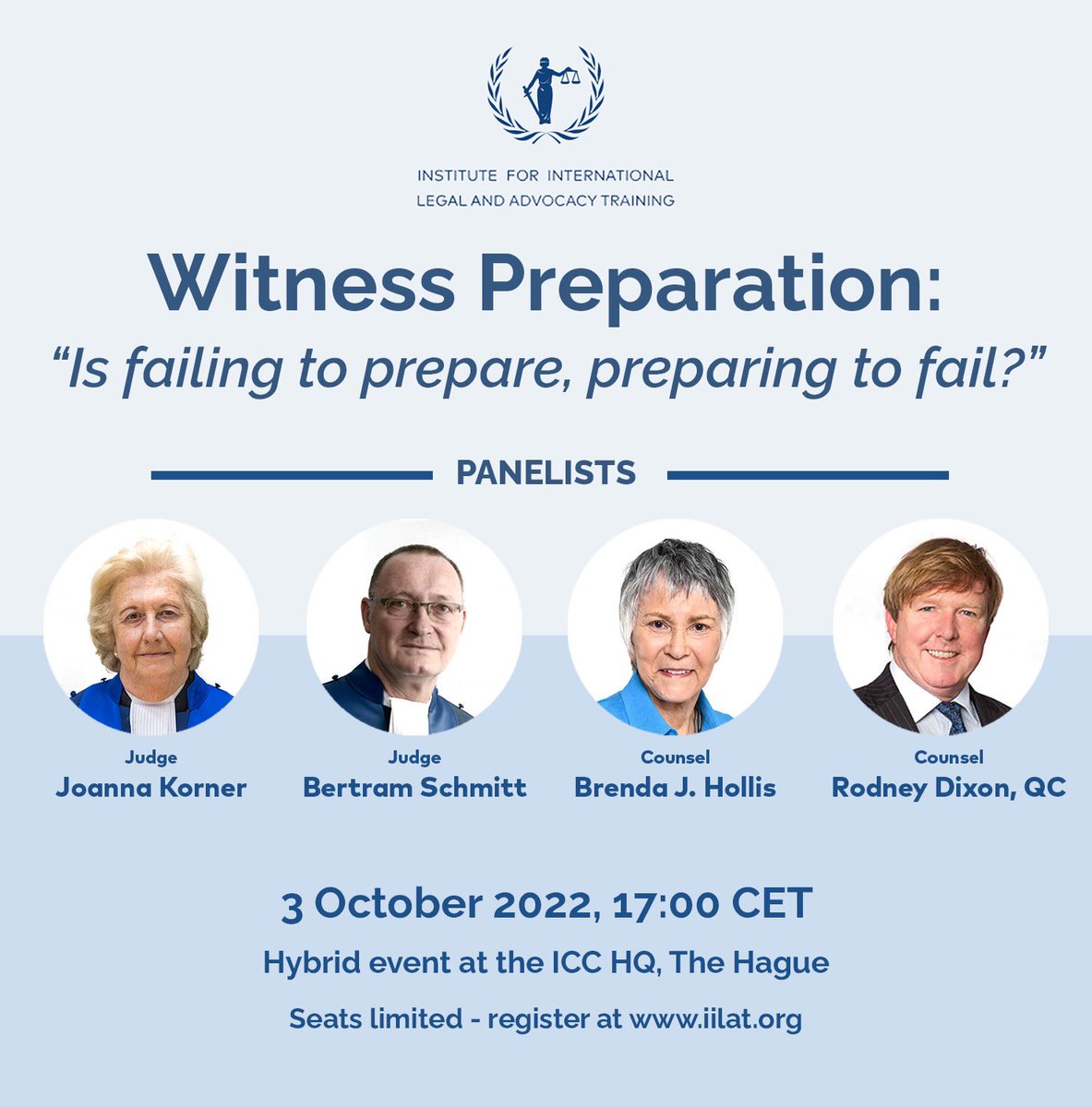 IILAT__'s tweet photo. IILAT is pleased to announce its 2022 debate : "Witness Preparation : Is failing to prepare, preparing to fail?"  The debate will be held on 3 October 2022, at 17h00 at the @IntlCrimCourt in The Hague and online. https://t.co/jXUXl1iMTK