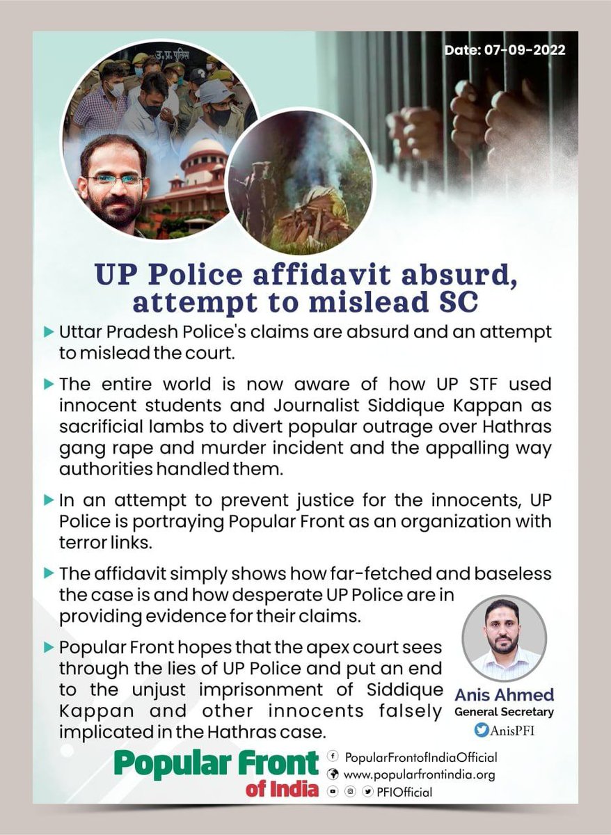 PFIOfficial's tweet photo. UP Police affidavit absurd, attempt to mislead SC. 
#ReleaseSiddiqueKappan #PopularFrontOfIndia #ReleaseAllPoliticalPrisoners https://t.co/xStv4G50ML
