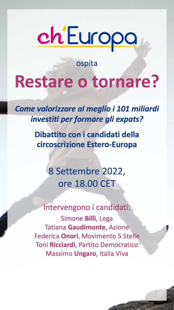 cheuropa's tweet photo. Restare o tornare? Come valorizzare al meglio i 101 miliardi investiti per formare gli expats 🇮🇹

Per conoscere le proposte dei candidati in corsa nella circoscrizione estero (#Europa 🇪🇺 ), partecipa all'incontro di domani, 8 settembre, alle 18:00 👇

https://t.co/COvOTzV9Q0 https://t.co/B49ppcZang