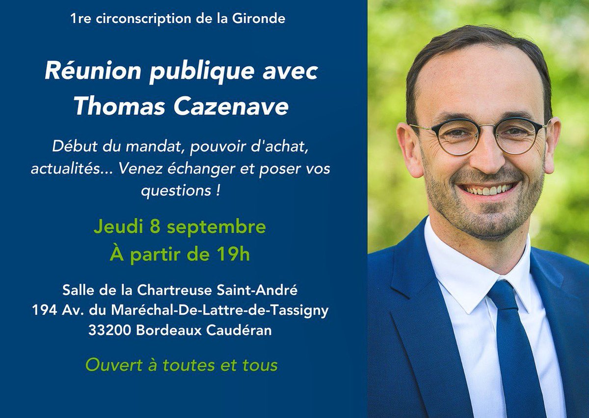 📆 Rendez-vous demain soir, jeudi 8 septembre à 19h.

📍Salle de la Chartreuse Saint-André, 194 avenue du Maréchal de Lattre de Tassigny à #Bordeaux Caudéran ⤵️