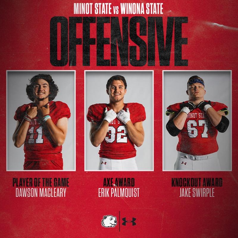 MSUBeaversFB's tweet photo. Congratulations to our Week 1 Offensive Players of the Week!
Player of the Game: Dawson Macleary
Axe Award: Erik Palmquist
Knockout Award: Jake Swirple
#GRIT 🦫
#BuildTheDam 🪵 https://t.co/E6ygTKuSIv
