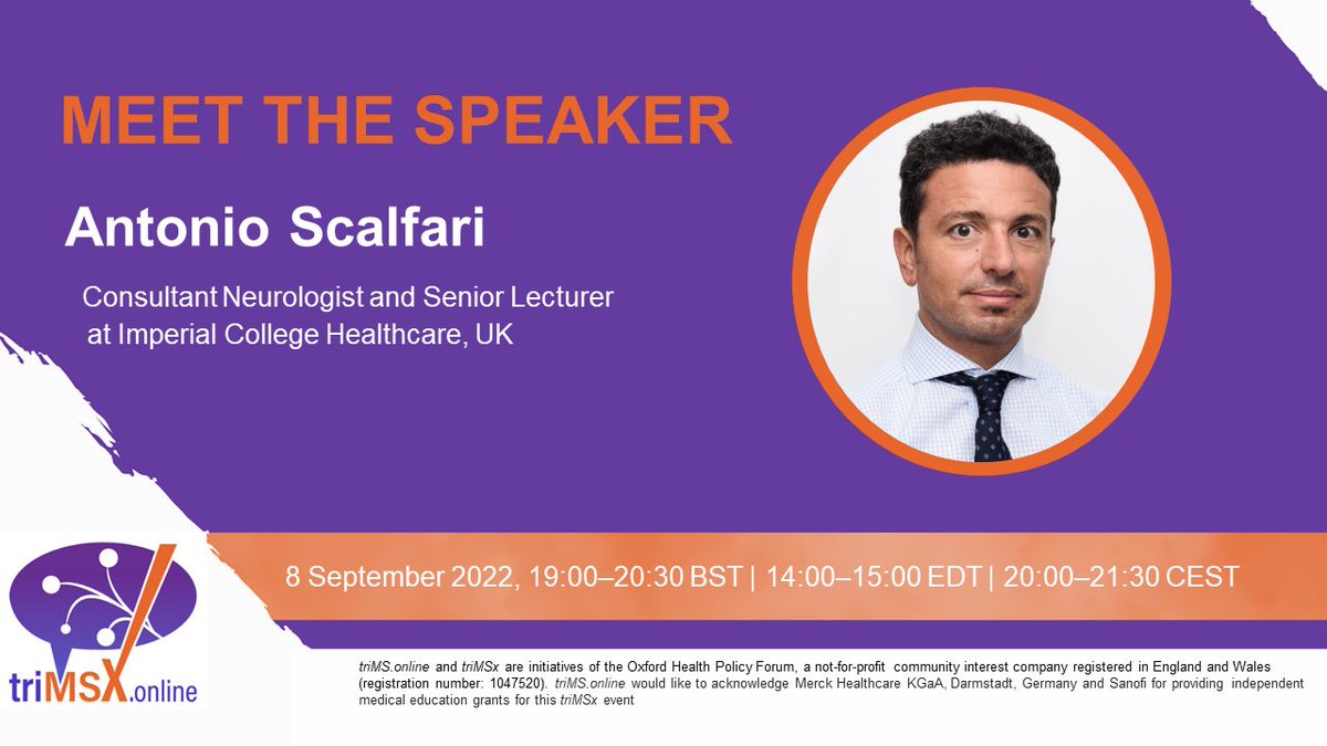 triMS.online (@trimsonline) on Twitter photo We are pleased to annouce that Antonio Scalfari <a href="/AnToSc/">Dr Antonio Scalfari</a> will be presenting at the upcoming #triMSx webinar focusing on ageing and smouldering MS.
Register for free here: trimsxwebinar.com
#triMSx #SmoulderingMS We are pleased to annouce that Antonio Scalfari <a href="/AnToSc/">Dr Antonio Scalfari</a> will be presenting at the upcoming #triMSx webinar focusing on ageing and smouldering MS.
Register for free here: trimsxwebinar.com
#triMSx #SmoulderingMS