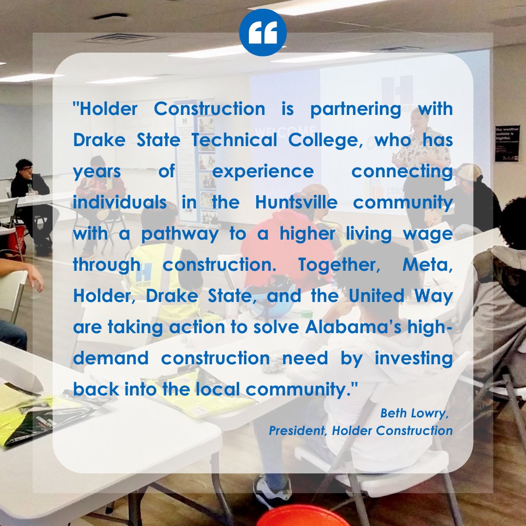 holderconstruct's tweet image. Holder is joining @Meta, @DrakeState, and @uwmadisoncounty to launch Hardhat in Hand in Huntsville, AL on Monday, 10/17! Learn more about this paid, workforce development training program and how to apply: holder.link/HHH-Huntsville