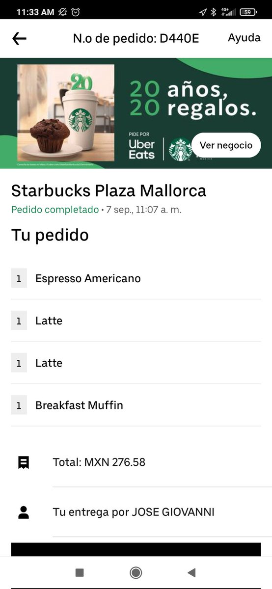 Loo_Rod's tweet photo. @StarbucksMex @UberEats @UberEats_mex Pésima "solución" volveré el dinero cuando el pedido no llega completo, tu cliente se queda con hambre y acaso tengo que volver a pagar envío?.... PESIMO servicio y PÉSIMA "ayuda" para resolver. Pensando seriamente  en dejar de usar UBEReats https://t.co/UFDYKMwXyS