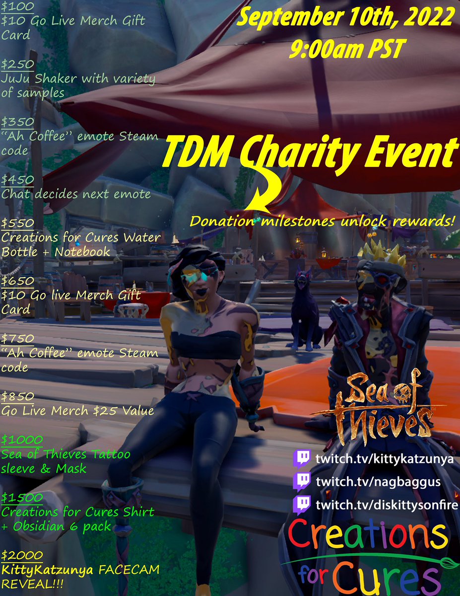 Only a few more days, Can’t wait have a couple surprises as well!! Hope to see you all Saturday 9 am PST!! For <a href="/Creations4Cures/">Creations For Cures</a> TDM Event, thank you @ShipwreckxShaun , <a href="/Katie_Peircee/">Katie Peirce</a>, <a href="/WeAreJuJu/">JuJu® Energy</a> , @golivemerch for the Giveaways. Threw some different ones in the mix as well!!