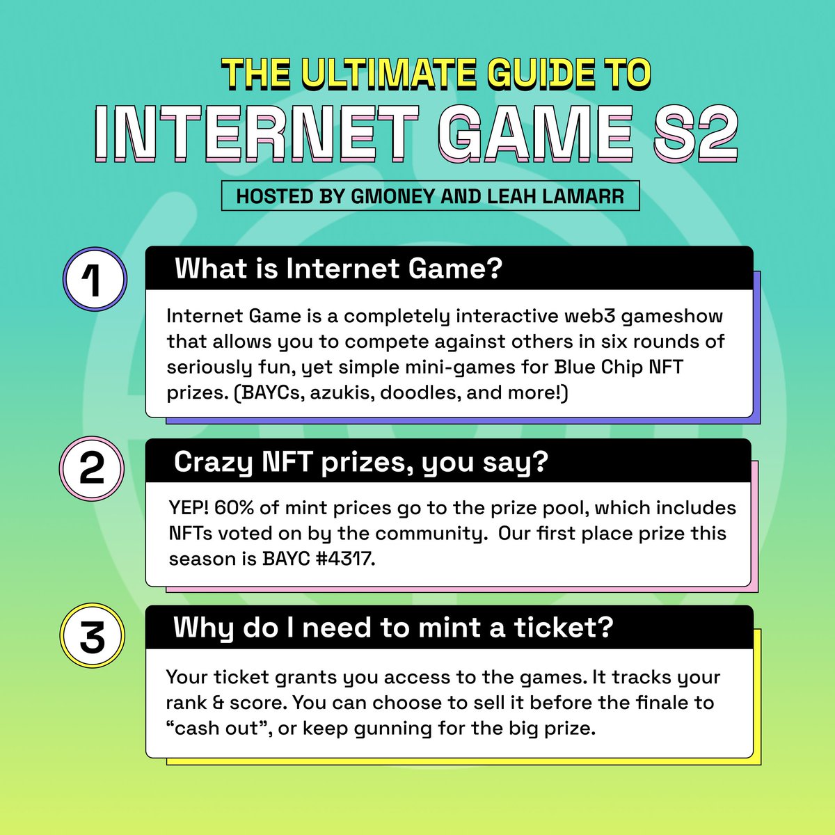 internetgame_'s tweet photo. 🚨GIVEAWAY ALERT!🚨

We're giving away an Internet Game S2 ticket to 3 lucky winners! This tickets grants you access to 6 rounds of insanely fun games with even wilder NFT prizes. 🤯

To enter:
- Follow
- Like
- Retweet
- Tag 2 friends who need to have a lil fun
#NFTGiveaway https://t.co/qGXKOl9OK6