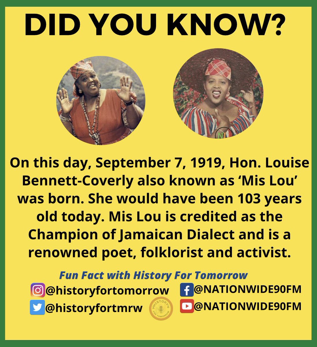 Happy Birthday to the Honorable Louise Bennett Coverly also known as Mis Lou! This woman is the Mother of Jamaican culture?🎉 
#mislou #jamaica #jamaicaculture #jamaicahistory #jamaicantourism