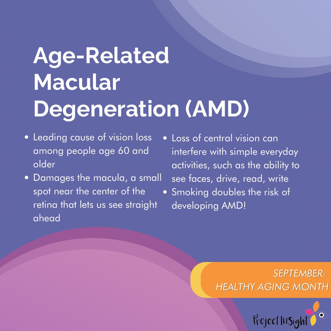 Age-Related Macular Degeneration (AMD) is an eye disease that can blur your central vision. By itself, it cannot lead to complete blindness, though the loss of central vision can make even simple tasks hard. Learn more at the National Eye Institute nei.nih.gov