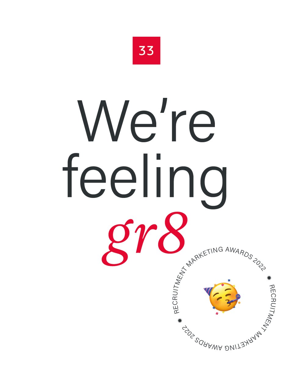 We’re feeling pretty gr8 after bagging ourselves 8 brilliant <a href="/theRMAwards/">RMAs</a> nominations 🎉 

Our teams at 33 and 33RED Films have done it again and we couldn’t be prouder. Roll on October! 🏆

#rmas2022 #rmas #recruitmentmarketing #rmas22 #weare33