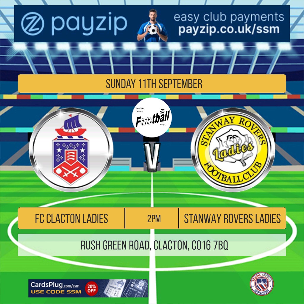 The Maddsys (@maddsys) on Twitter photo FC <a href="/ClactonLadies/">FC Clacton Ladies</a> kick off their first league game this weekend against <a href="/FcStanway/">Stanway Rovers Ladies FC</a> Ladies!
Looking forward to watching all the ladies in action again.
FREE ENTRY TO ALL.
Come and support the teams ⚽️
<a href="/FC_Clacton/">FC Clacton</a> <a href="/socialsportman/">SocialSports Manager</a> <a href="/Tractor37/">Karl🚜37 Sillett</a> <a href="/Steve_firspark/">Stephen Browne</a> <a href="/ecwfl/">Essex County Womens Football League</a>
#Seasiders FC <a href="/ClactonLadies/">FC Clacton Ladies</a> kick off their first league game this weekend against <a href="/FcStanway/">Stanway Rovers Ladies FC</a> Ladies!
Looking forward to watching all the ladies in action again.
FREE ENTRY TO ALL.
Come and support the teams ⚽️
<a href="/FC_Clacton/">FC Clacton</a> <a href="/socialsportman/">SocialSports Manager</a> <a href="/Tractor37/">Karl🚜37 Sillett</a> <a href="/Steve_firspark/">Stephen Browne</a> <a href="/ecwfl/">Essex County Womens Football League</a>
#Seasiders