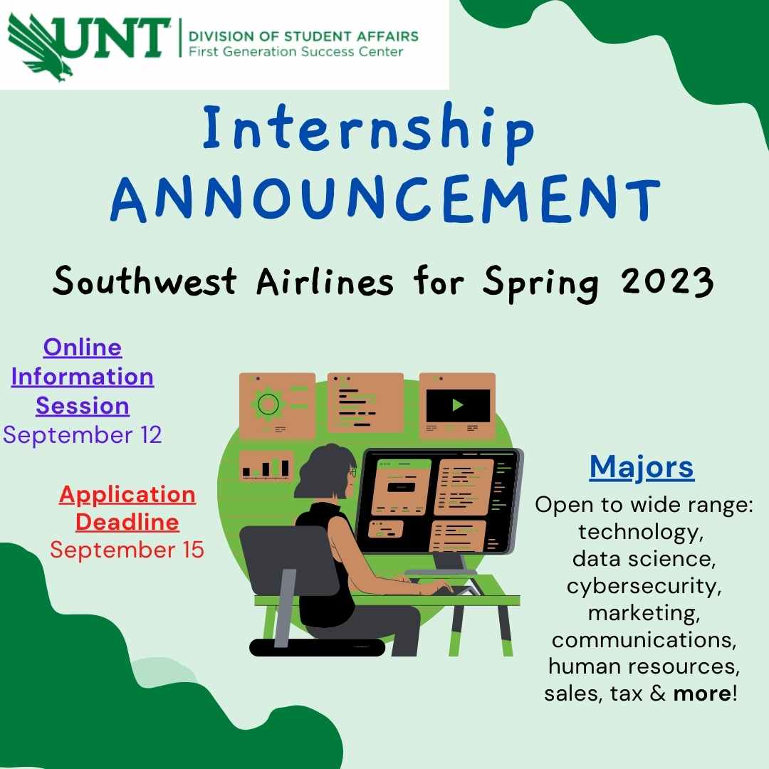 UNTFirstGen's tweet photo. πNeed an internship for Spring '23? Check out the links in our bio to attend an online information session on Monday, Sept 12 with Southwest Airlines.
Remember: the UNT Career Center is available to help with resumes/ interview prep.
#unt #untfirstgen #unt22 #unt23 #unt24
#gmg https://t.co/uBHfRJ6Hjn