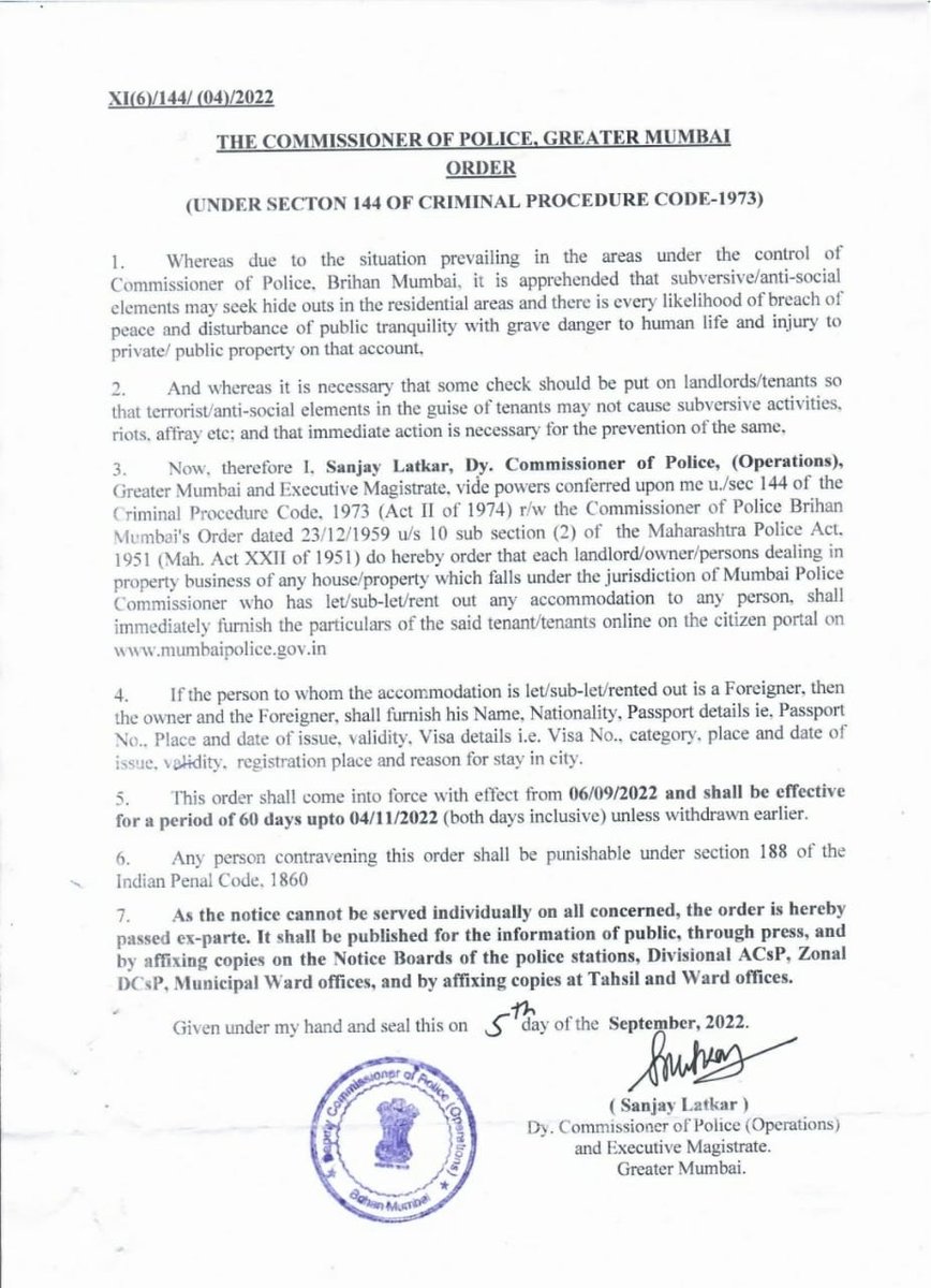 neerajpattath's tweet photo. There is an Order circulating on WhatsApp which says that @MumbaiPolice has declared Sec 144 CrPC from 06/09/2022 to 04/11/2022; is this really true or false document spreading around @CPMumbaiPolice @DGPMaharashtra @Petition_Group https://t.co/JSJDz6nZCf