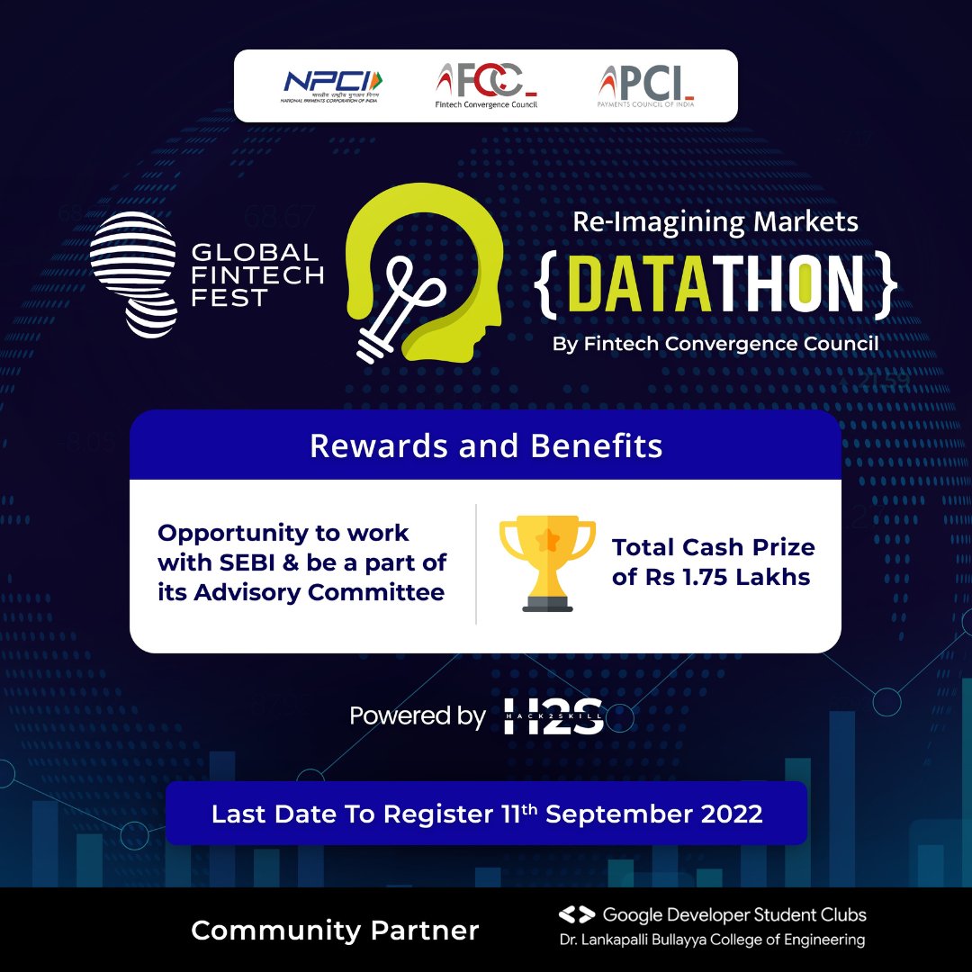 GdscLbce's tweet photo. Fintech Convergence Council &amp; Payments Council of India presents Re-imagining Markets DATATHON at the Global Fintech Fest in collaboration with Securities and Exchange Board of India, powered by @hack2skill
Register: https://t.co/xkTDV2dWXj
Details in the comments. https://t.co/TjdzRnVWJ8