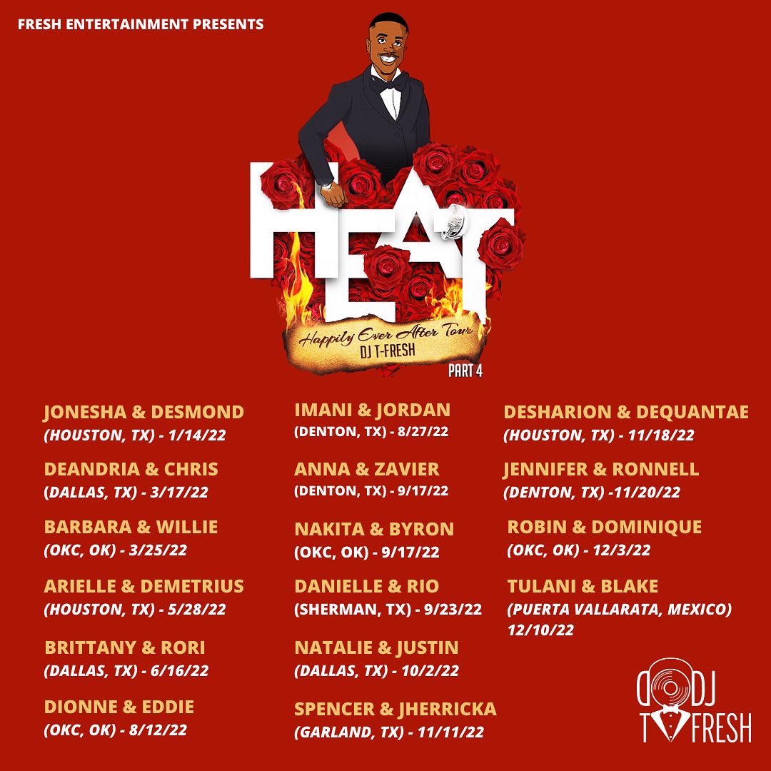 TheDJTFresh's tweet photo. Sold Out Dates ✅ #HEAT4 

Getting married in 2023? Don’t do it without me. #BookTFresh #FreshEntertainment #DJTFresh https://t.co/uvRSdKvHbL