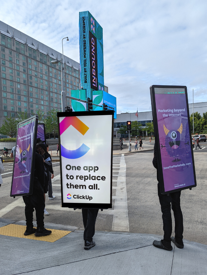 <a href="/DianaB_55/">Diana Selvig</a> <a href="/HubSpot/">HubSpot</a> <a href="/clickup/">ClickUp</a> Beautiful signage! Would look even better in natural light, don't ya think? 😉 

We know <a href="/clickup/">ClickUp</a> 💜s OOH, so we'll save you a spot! #INBOUND22   

#MarketingBeyondTheInternet