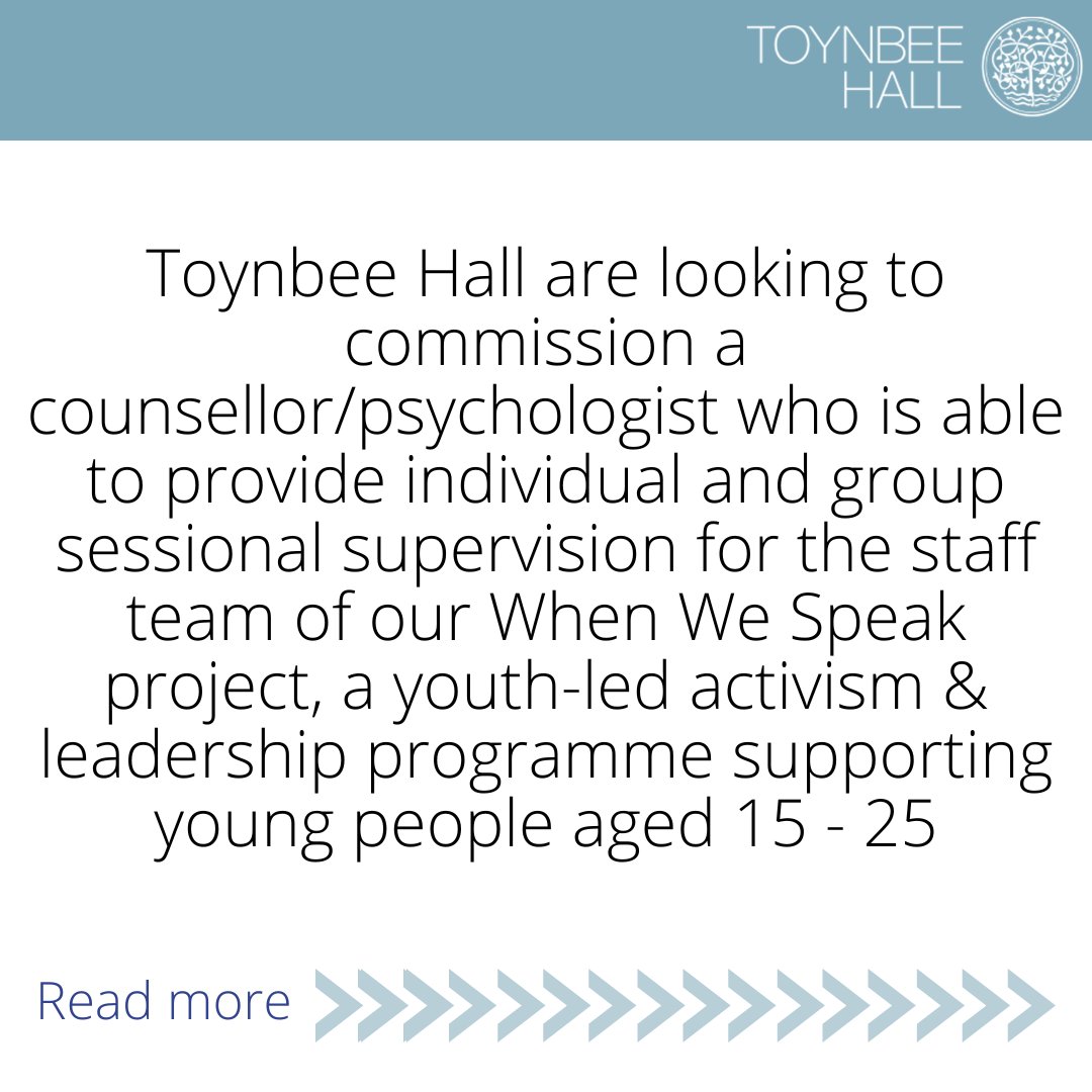ToynbeeHall's tweet photo. NEW OPPORTUNITY: Toynbee Hall is looking for someone who can offer clinical support to our youth team.
Link for more info/details on how to apply: https://t.co/DVZmqST5Tq

#clinicalsupervision #clinicalsupervisor #counselling  #youthworksupport https://t.co/hcCjAe5PAx