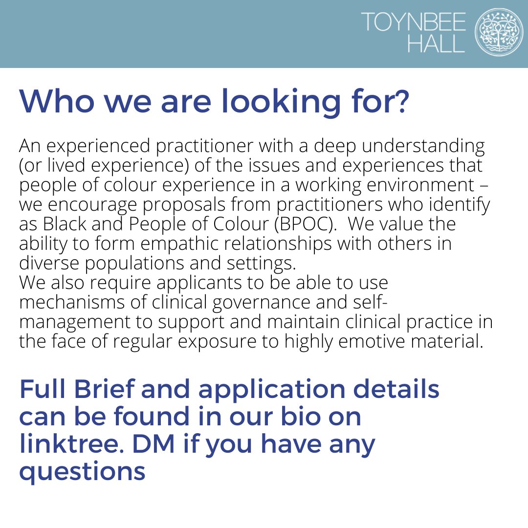 ToynbeeHall's tweet photo. NEW OPPORTUNITY: Toynbee Hall is looking for someone who can offer clinical support to our youth team.
Link for more info/details on how to apply: https://t.co/DVZmqST5Tq

#clinicalsupervision #clinicalsupervisor #counselling  #youthworksupport https://t.co/hcCjAe5PAx